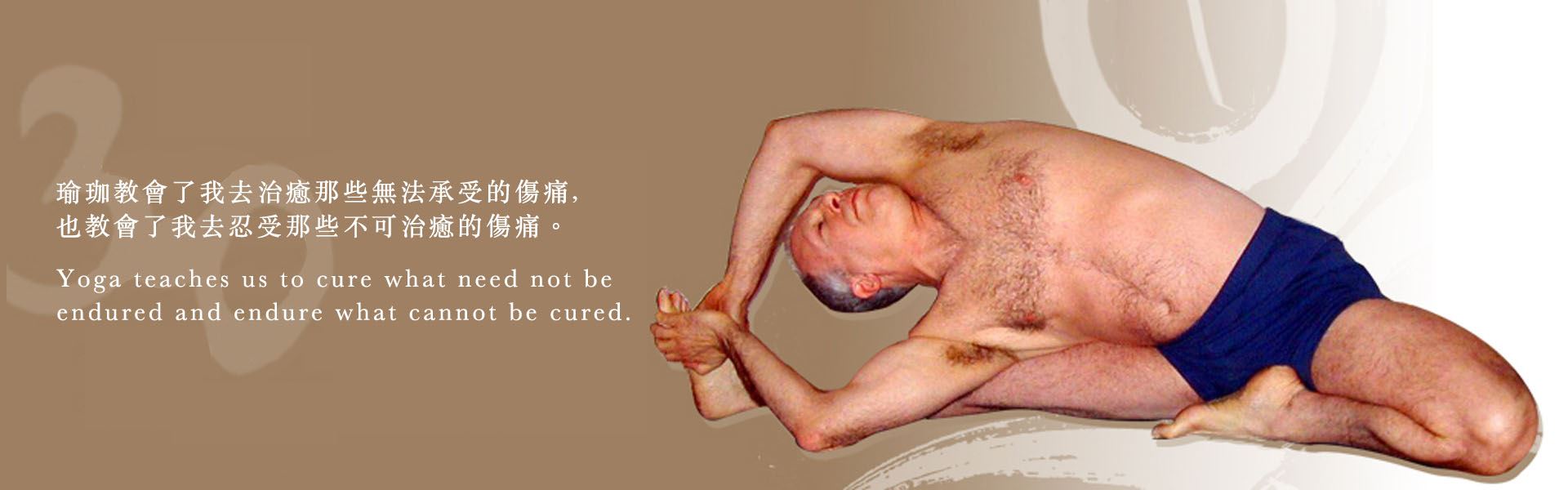 體式示範照片，配上艾揚格大師語錄：瑜伽教會了我去治癒那些無法承受的傷痛，也教會了我去忍受那些不可治癒的傷痛。