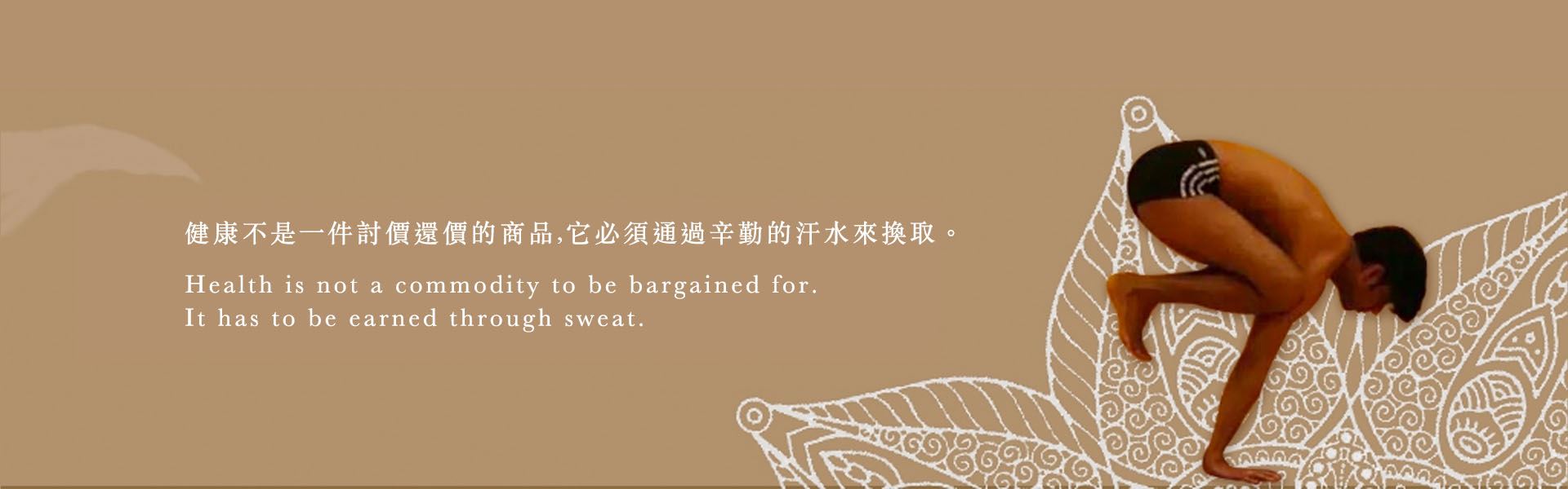 手臂平衡體式照片，配上艾揚格大師語錄：健康不是一件討價還價的商品，它必須通過辛勤的汗水來換取。